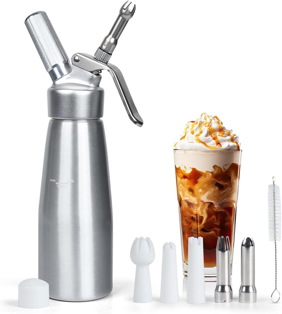 Whipped Cream Dispenser 500ml, 1 Pint Aluminum Whipped Cream Canister with 6 Decorating Nozzles, Leak-Proof Whipped Cream Maker Cream Whipper for Desserts & DrinksN2O Charger not Included