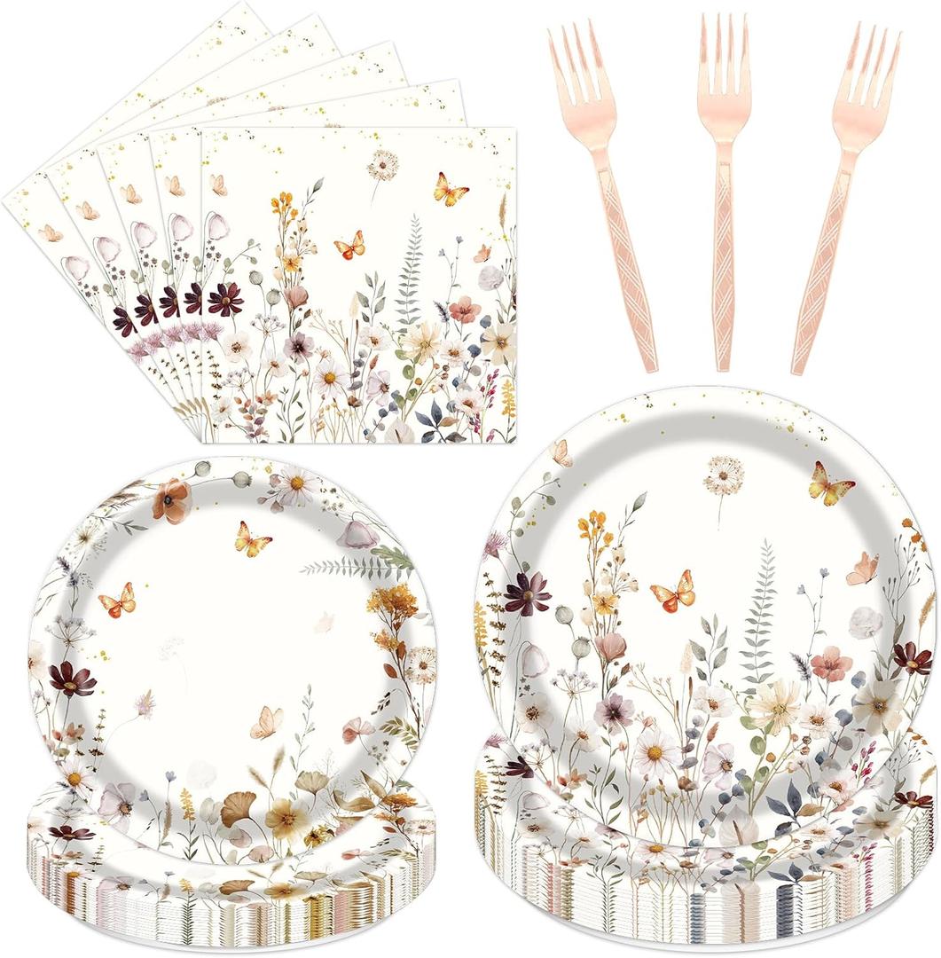 Rngmsi Wildflower Fall Party Tableware Decorations, 96PCS Flower Birthday Party Plates Napkins and Forks Supplies, Autumn Disposable Floral Baby Shower Bridal Shower Wedding Decor 24 Guests
