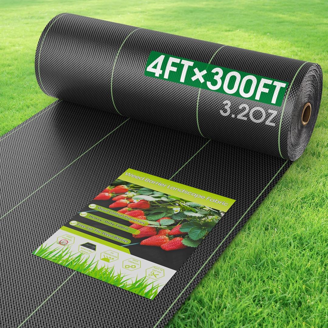 4FTx300FT Weed Barrier Fabric Heavy Duty, Gardening Landscape Fabric Cover Mat, Durable Weed Control Fabric for Garden Bed Cover, Landscaping, Commercial Driveway, Underlayment Use (4x300FTT-3.2OZ) (EXP 09/02/26)