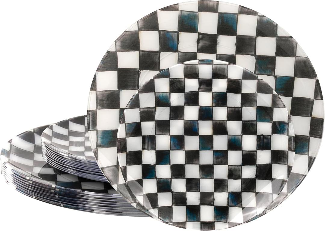 U-QE 20PCS Black Plastic Plates for Party - Retro Checkered Plates Disposable Heavy Duty - Black and White Plate for Party, Birthdays - 10 10.25 Inch Dinner and 10 7.5 Inch Dessert Plate