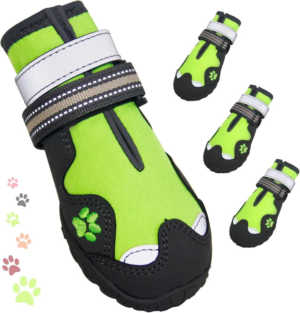Dog Shoes for Large Dogs, 360Anti Slip Medium Dog Boots & Paw Protectors Winter Snowy, Waterproof 4Pcs Dog Booties with Reflective Strips (Size 8: 2.95''x3.46''(W*L), Green)