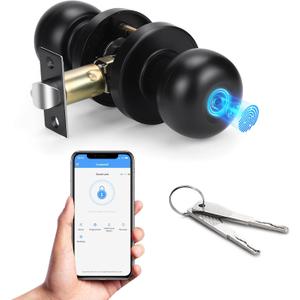 KNOBWELL Fingerprint Door Lock, Smart Door Knob, Keyless Entry Door Lock with APP Control, Biometric Fingerprint Door Knob with Auto Lock Easy Installation, Great for Bedroom, Apartment, Hotel (Dark Black)