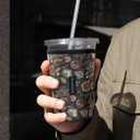 Thermal Foil Insulated Iced Coffee Cup Sleeves, 16-32oz Reusable Neoprene Coffee Sleeve with Handle, Gifts for Coffee Lovers Women (Green Flowers)