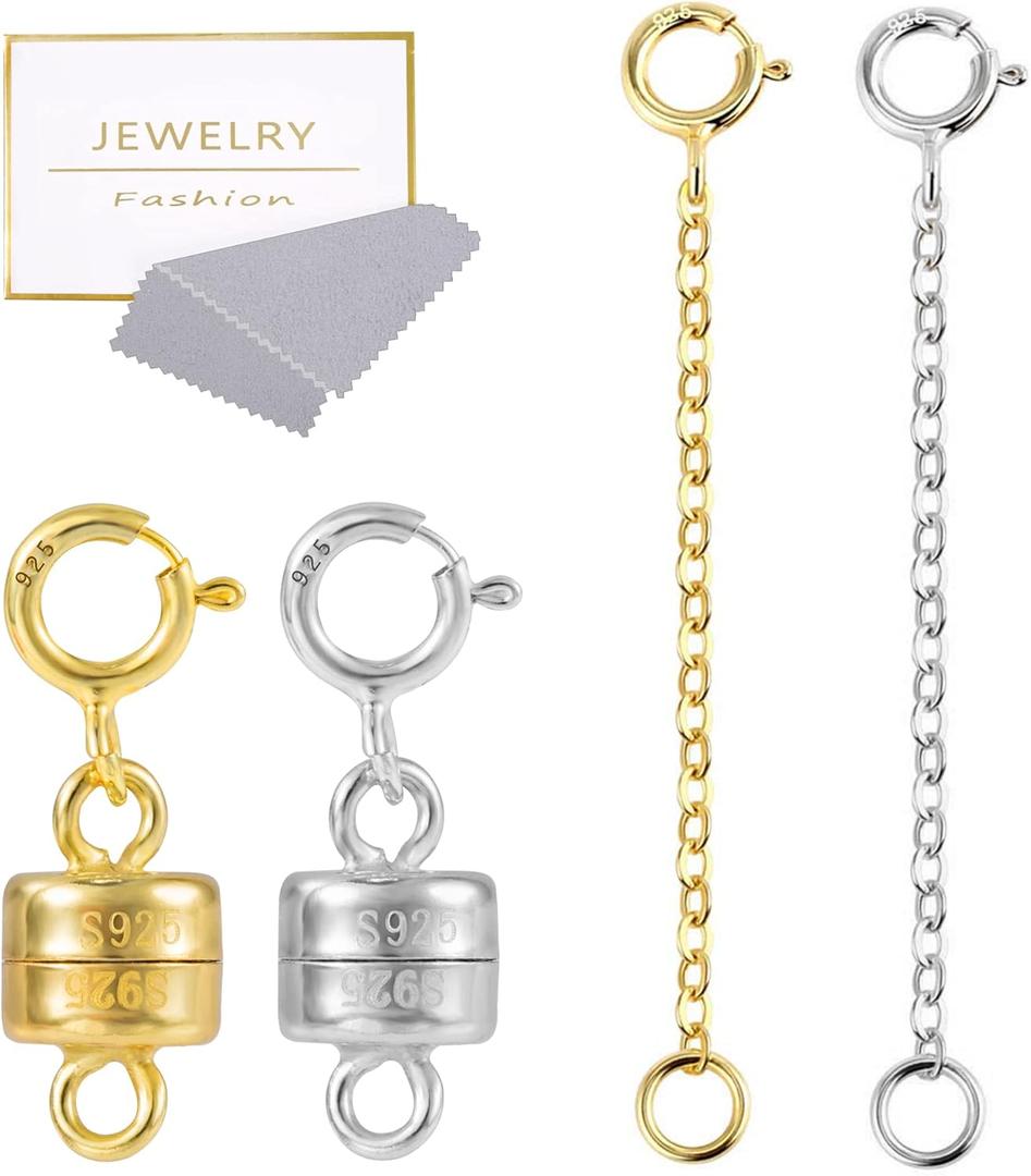 4Pcs Layering Magnetic Necklace Clasps and Extender Chain, 925 Sterling Silver Magnetic Necklace Connector Multi Strands Clasps for Layered Bracelet Necklaces Jewelry Crafts (White Gold, 14K Gold)
