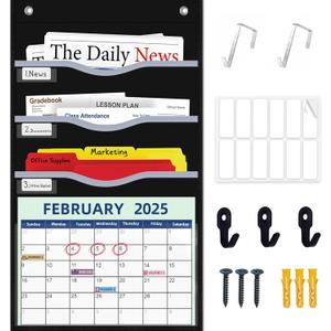 4 Pockets Hanging Wall File Organizer 15" Extra Wide Pocket Chart for Classroom, Office, Home, Mail Organizer Wall Mounted with 1 Writable Clear Pocket, 5 Wall/ Door Hooks & 12 Labels (Black)