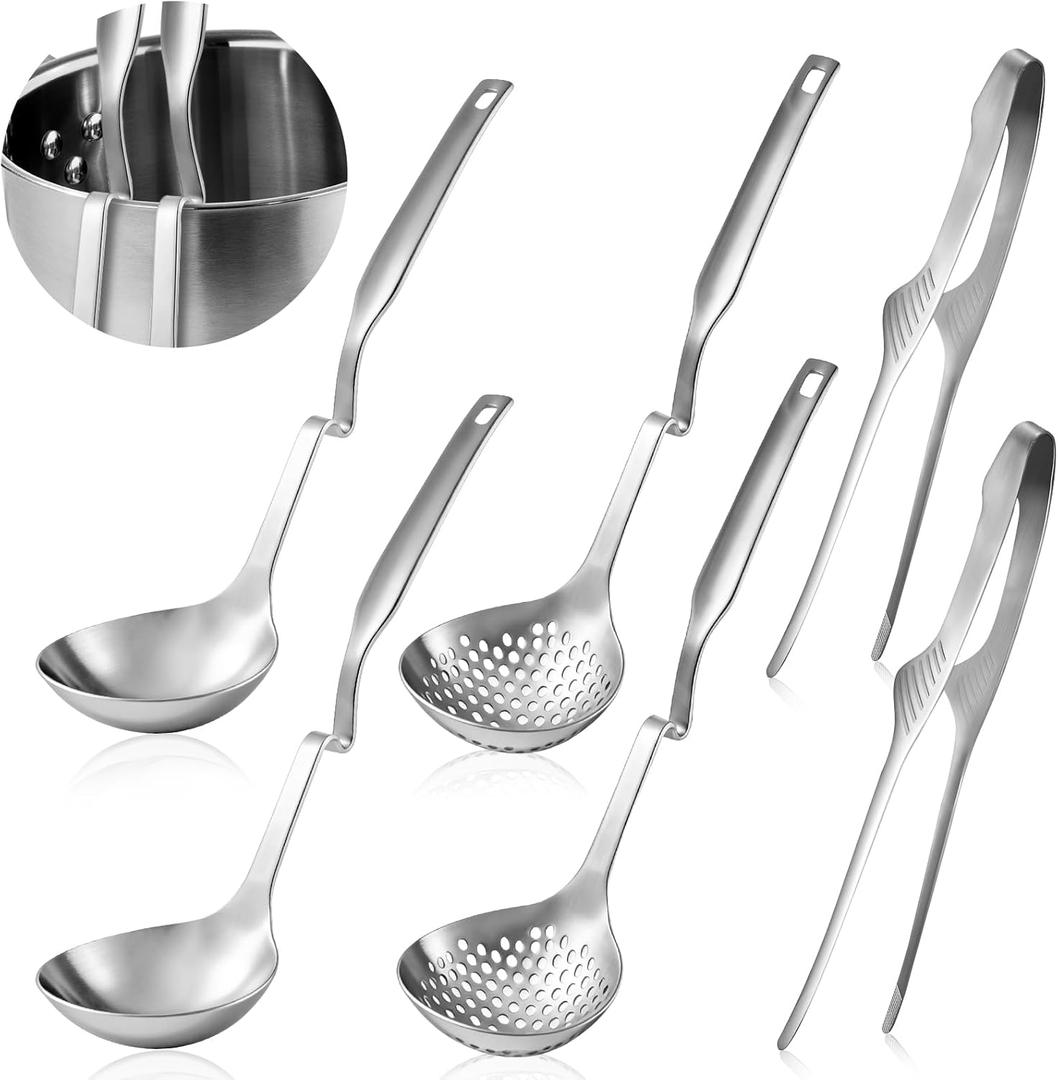 6 PCS Soup Ladle pot Colander & BBQ Tongs Hotpot Kit - Shabu Shabu Utensils Set for Camping, Barbecue & Kitchen Cooking Ladle Set