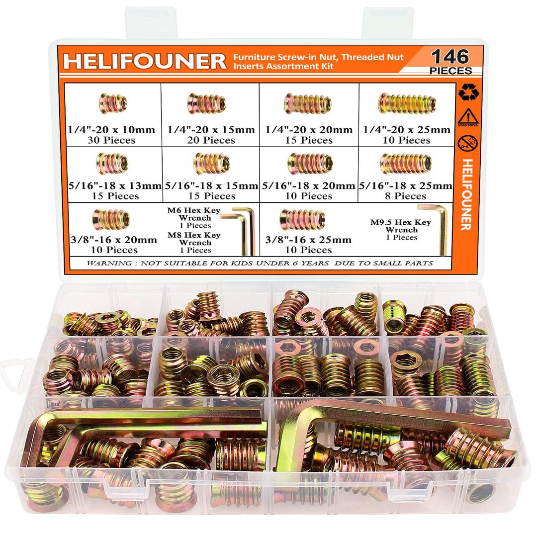 1/4-20, 5/16-18, 3/8-16 Threaded Inserts, Wood Inserts, Steel Threaded Inserts for Wood Furniture Screw, HELIFOUNER 143 Pieces 1/4"-20, 5/16"-18, 3/8"-16 Threaded Inserts Kit with Hex Wrench