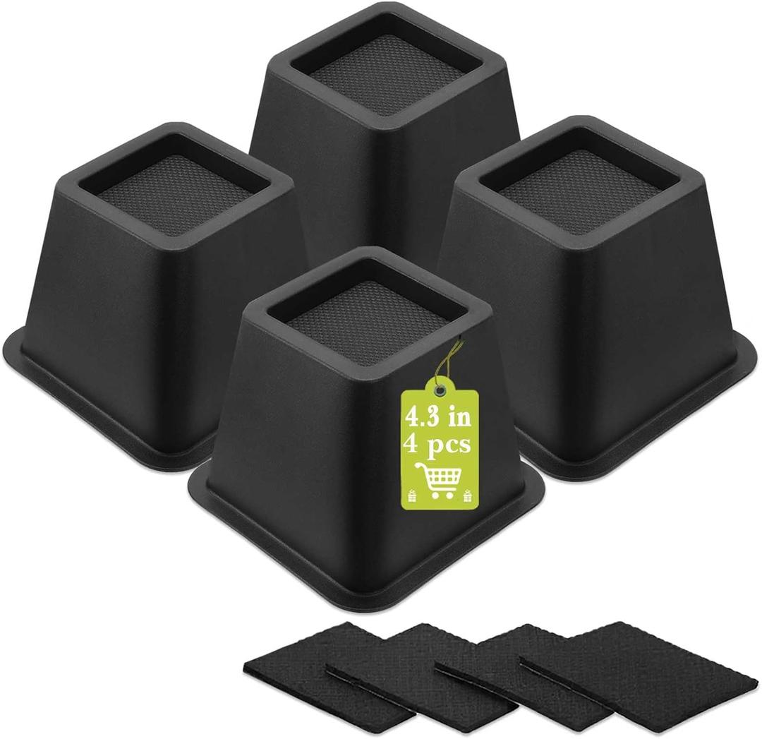 4 Pack Furniture Risers 4 Inch, Bed Risers Heavy Duty for Table Desk Couch Chair Sofa Cabinet Bed Frame Dorm, Square Table Leg Risers Lift Height 4.3", Black