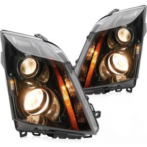 HECASA Pair Headlight Assembly Compatible with 2008-2015 Cadillac CTS Projector Front Lamp Not Compatible on Models w/Factory HID Headlights - Clear Lens Black Housing Orange Light Bar