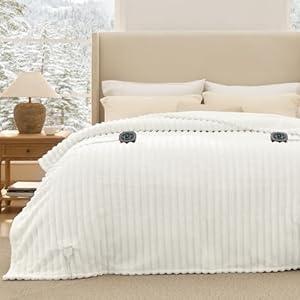 Bedsure Electric Blanket Queen Size - Thick Striped Flannel Electric Blanket with Dual Control, Heating with 10 Heat Settings & 10 Time Settings, 8 hrs Timer Auto Shut Off (84x90 inches, White)