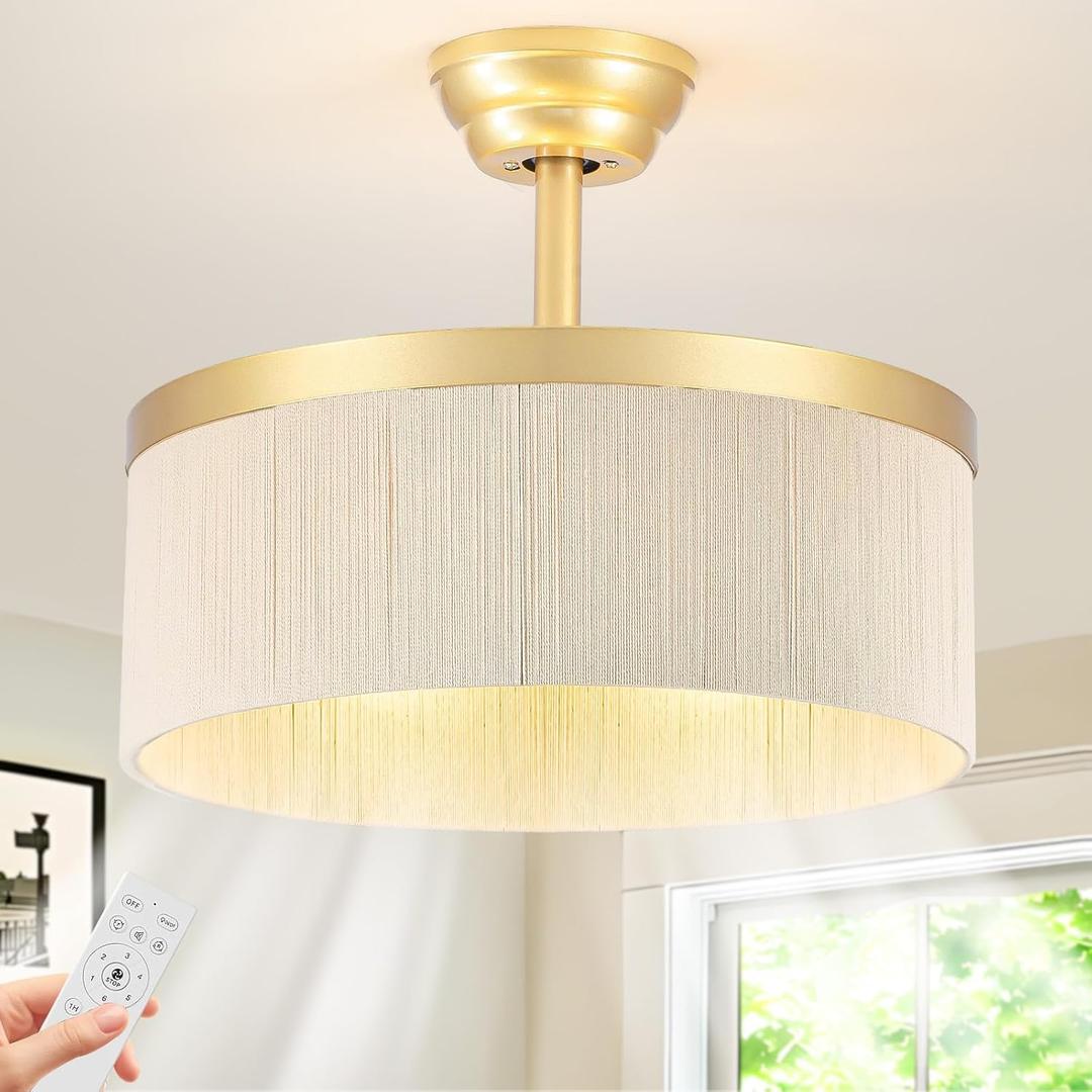 Boho Fandelier Caged Ceiling Fan with Light, Gold Rattan Chandelier Fan with Remote Control, 6 Speeds, Timer, Adjustable Height, Enclosed Design for Bedroom, Nursery, Foyer, Kitchen, Living Room
