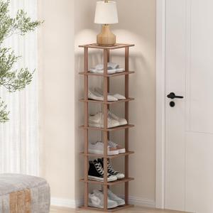 Bamboo Shoe Rack for Front Door Entrance, Brown Vertical Shoe Rack - Tall Narrow Shoe Rack Organizer for Small Spaces, Wooden Shoe Shelf for Closet and Entryway, Space Saving 7 Tier Stackable