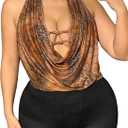 MakeMeChic Women's Plus Size Cheetah Print Halter Tops Open Back Draped Front Club Tank Crop Top (XX-Large Plus, Coffee Brown)