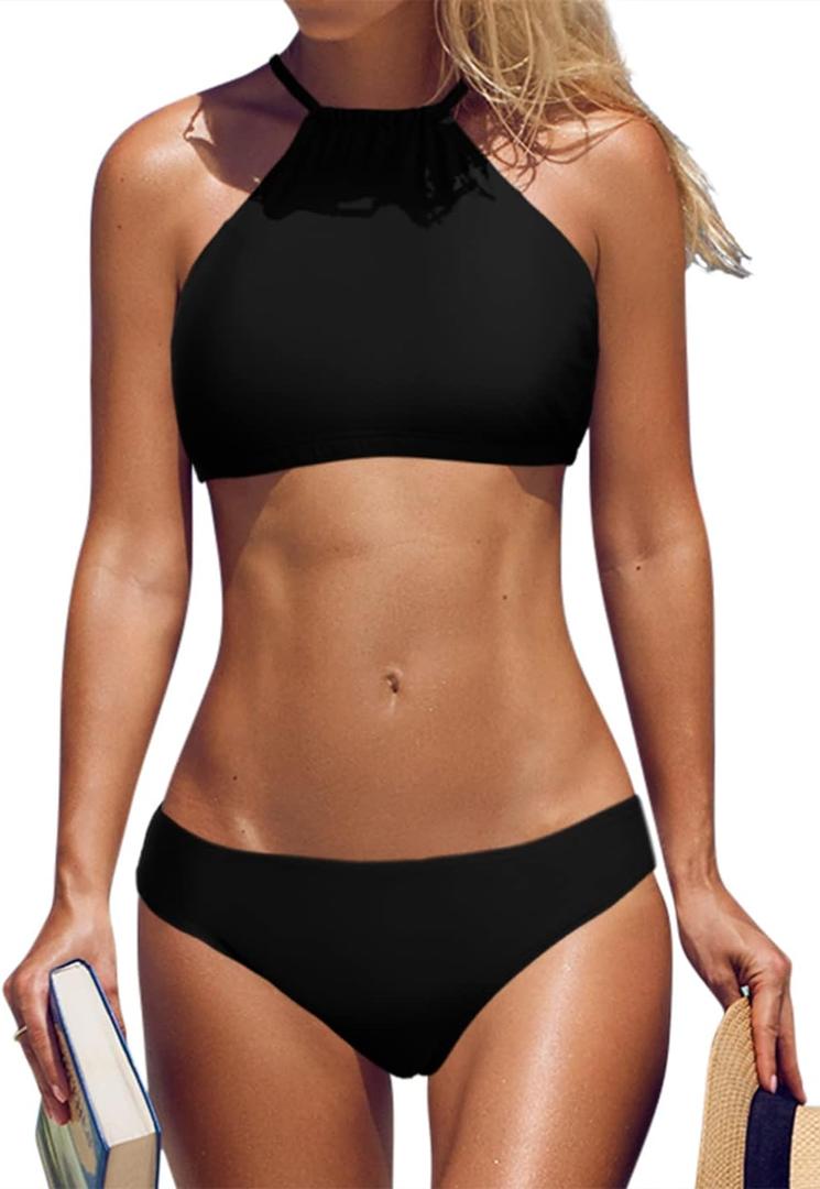 beautyin Womens Floral Striped Halter High Neck Bikini Swimsuit Set Cross Back (Small, Black)