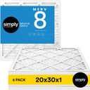 Simply 20x30x1 Air Filter, Merv 8, 6 Pack, For Home AC Furnace & HVAC (Actual Size: 19.94"x29.94"x0.75") DUST, Pet & Allergy Control,