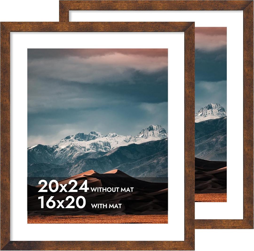 iRahmen 20x24 Poster Frame with 16x20 Mat - Plexiglass Wooden Picture Frames for Photo Wall Gallery Mounting (Dark Brown, Set of 2)