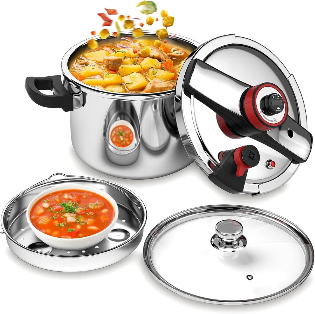 BreeRainz 8.45QT 304 Stainless Steel Pressure Cooker, 3-Stage PSI Settings, One-Hand Locking,Explosion-Proof Pot w/Extra Glass Lid, Timer, Steaming Rack(Induction Compatible)