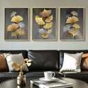 Gold Framed Large Wall Art for Living Room, Black and Gold Leaf Paintings Wall Decor, 3 Piece Modern Wall Art for Bedroom, Botanical Wall Pictures for Living Room, 16x24 Inch (24" H x 48" W (Framed), Leaf Painting)