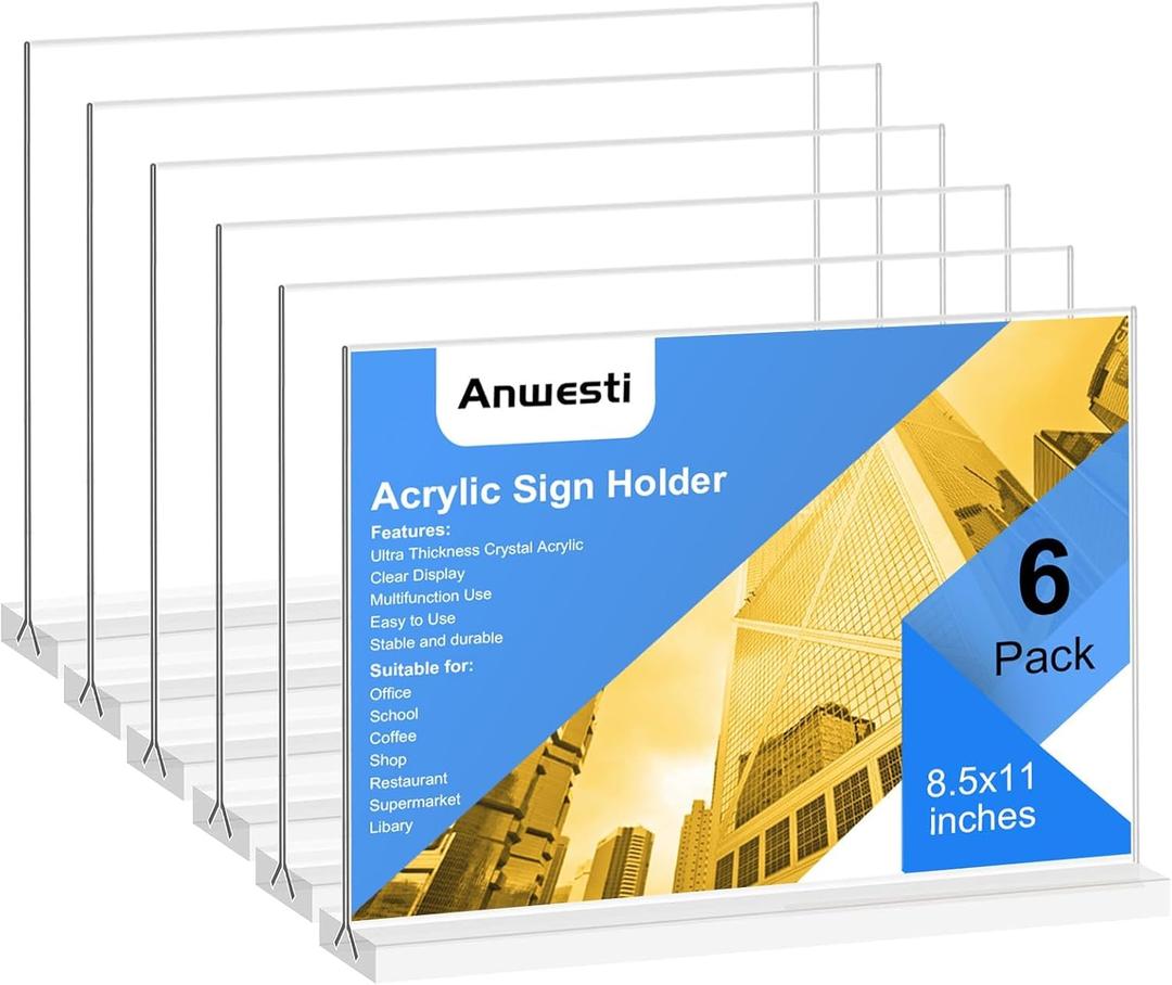 Acrylic Sign Holder 11x8.5 Horizontal Double-Sided Plastic Display Sign Holder for Table Menu, Flyer, Office Acrylic Sign Holer 6 Pack