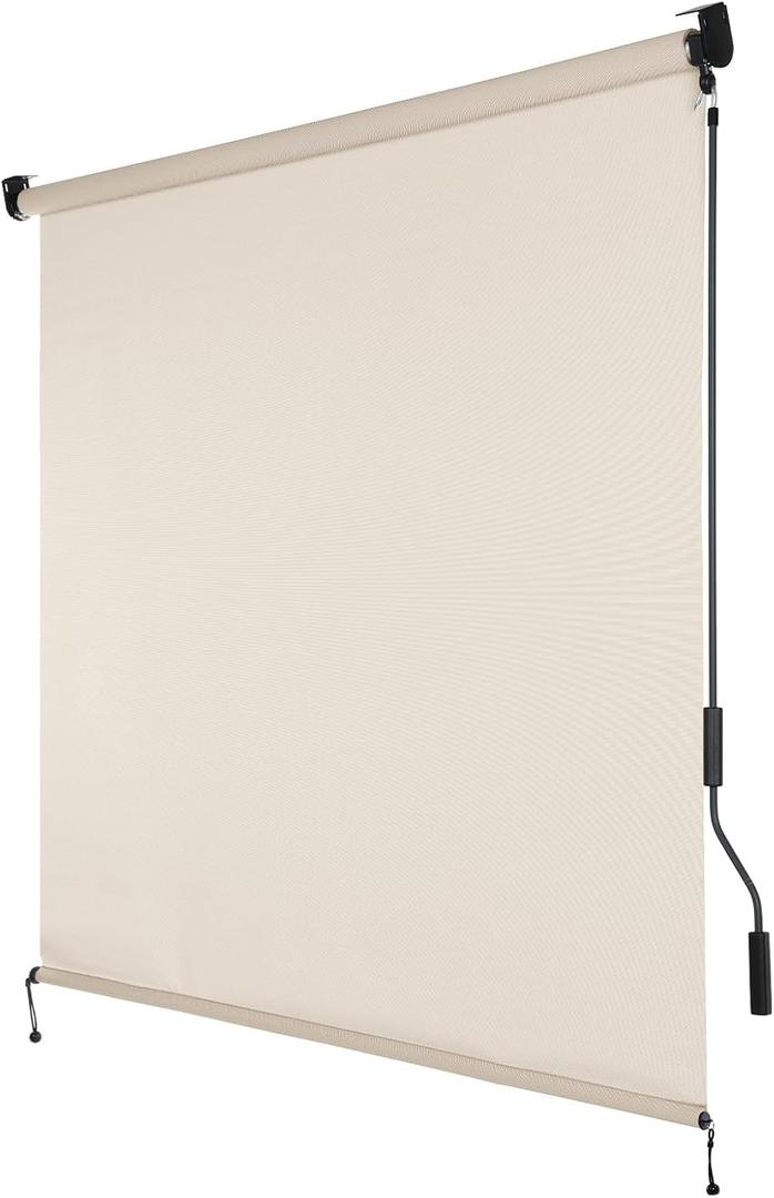 Aoodor 5% Openness Cordless Solar Fabric Roller Shade, 8'W x 8'H Sun Shade for Outdoor Gazebo Pergola Porch Use, 95% UV Protection Blinds, Beige