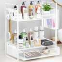 VITVITI 2 Tier Bathroom Organizer Countertop with Drawer, Metal Mesh Bathroom Counter Vanity Organizer Storage, Bath Room Shelf Sink Kitchen Spice Rack with Basket Hooks, White
