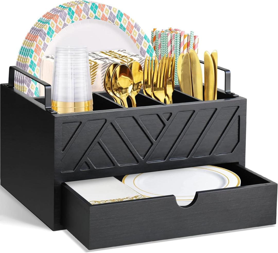 Paper Plate Dispenser with Drawer, Paper Plate Holder for Kitchen Counter, Wood Rustic Silverware Utensil Caddy, Cutlery Flatware Organizer for Cup Spoon Fork Plates Napkins, Black Kitchen Accessories