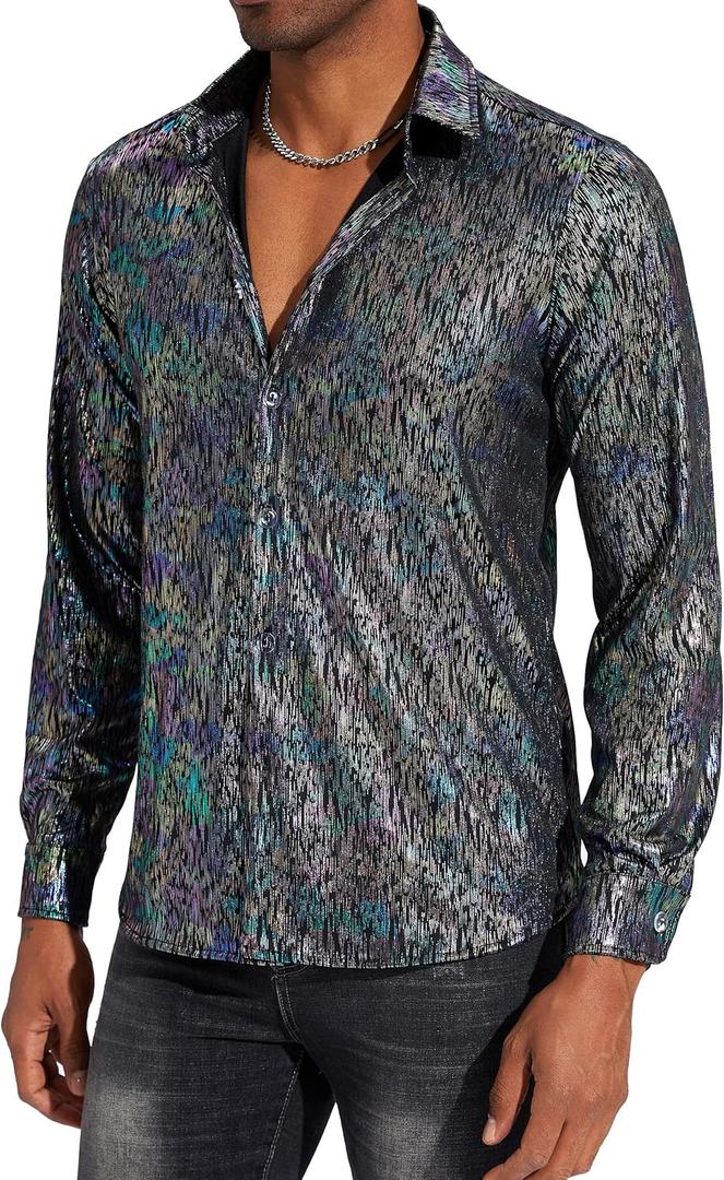 Mens 70s 60s Disco Shirt Metallic Party Costume Long Sleeve Button Down Shirts (Medium)