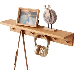 Oak Wood Coat Rack Wall Mount With Shelf 27.5 Inch Long, Entryway Floating Shelf With 6 Hooks for Bathroom, Hallway, Living Room