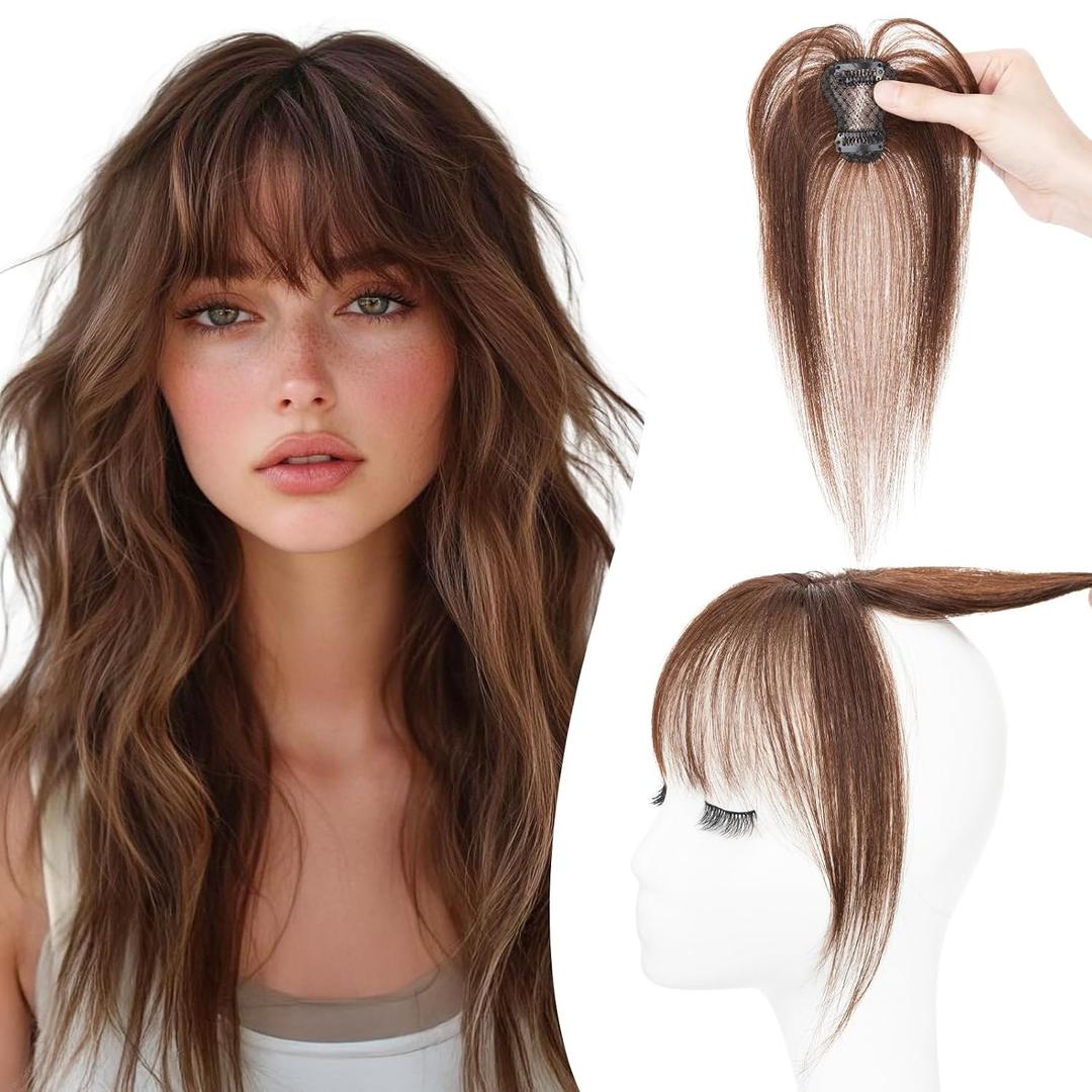Bangs Hair Clip Human Hair, 100% Remy Human Hair, No Tangle & Smooth, 4x6 3D Wispy Bangs, 10g # Dark Brown