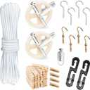 Clothesline Kit Outdoors, Clothes Line Pulley Kit, 164ft Polyester Clothes Line Rope Outdoors Heavy Duty, Clothesline Pulley Kit with S Separator Spreaders, Rope Tightener, Hook for Outdoor Clothes