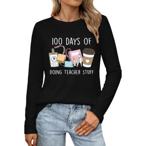 100 Days of School Shirt Teacher School Days Long Sleeve Shirts Funny 100 Days Celebration Tee Tops (Black, L)
