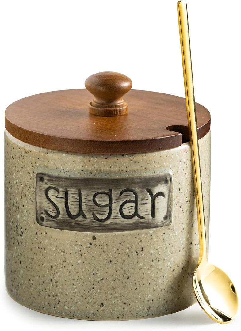 LYEOBOH 15OZ Sugar Bowl, Sugar Dish, Rustic Sugar Container with Wood Lid and Spoon for Coffee Bar, Dishwasher Safe, Stainless Steel Spoon - Farmhouse Kitchen Decor Housewarming Gift, Beige