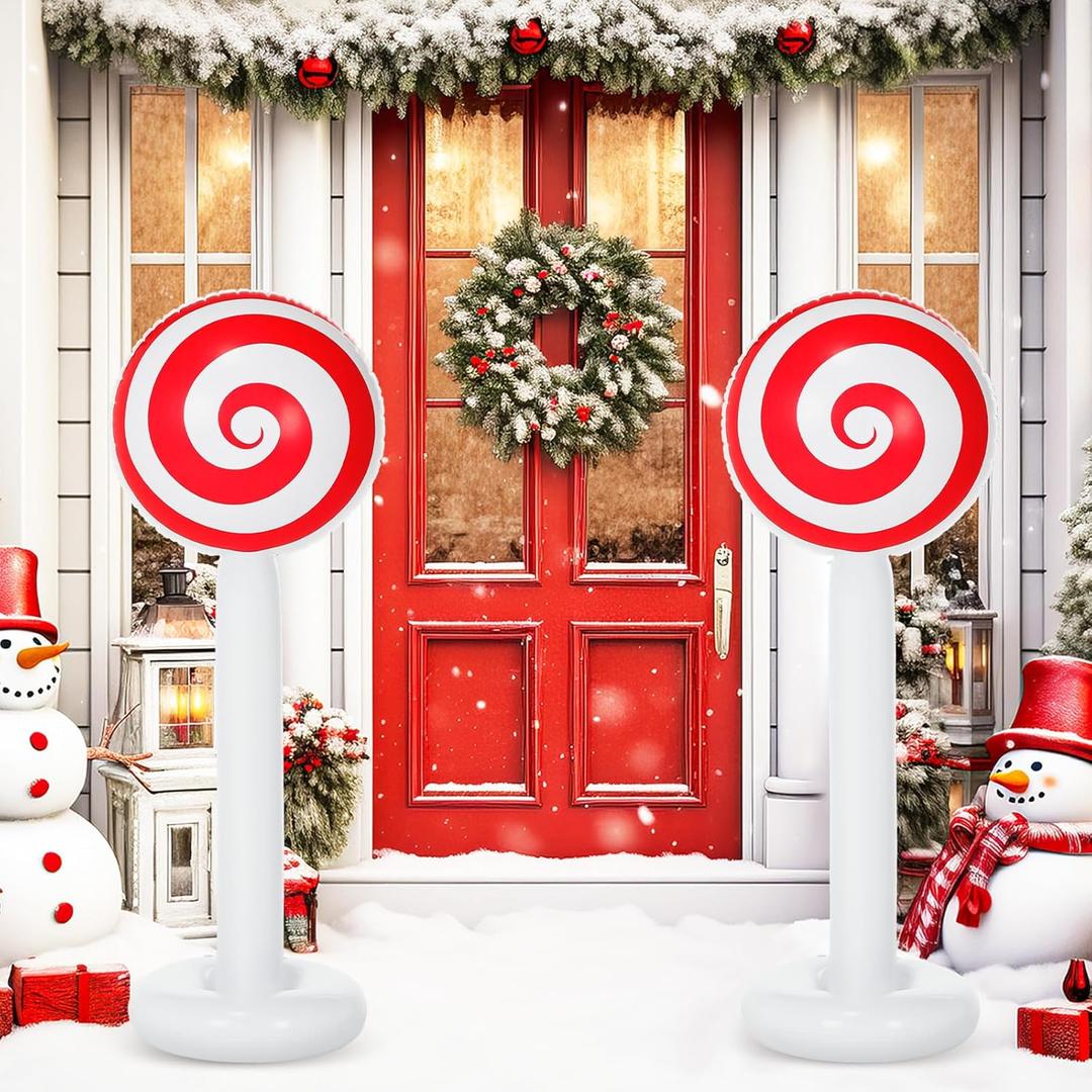 2 Pcs Christmas Inflatable Outdoor Decorations 4 FT Christmas Candy Inflatable Column Decoration for Winter Xmas Lawn Yard Garden Home Decor