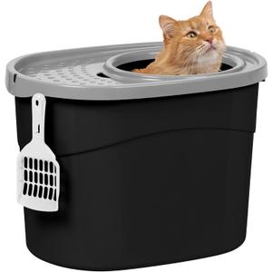Iris Ohyama Cat Litter Box with Scoop, Up to 7kg, Black/Gray, Top Entry, Cat Litter Tray, Enclosed, for Kitten, High Sided, Hooded, Large, Jumbo, BPA Free, Deep, Easy to Clean, TECL-20