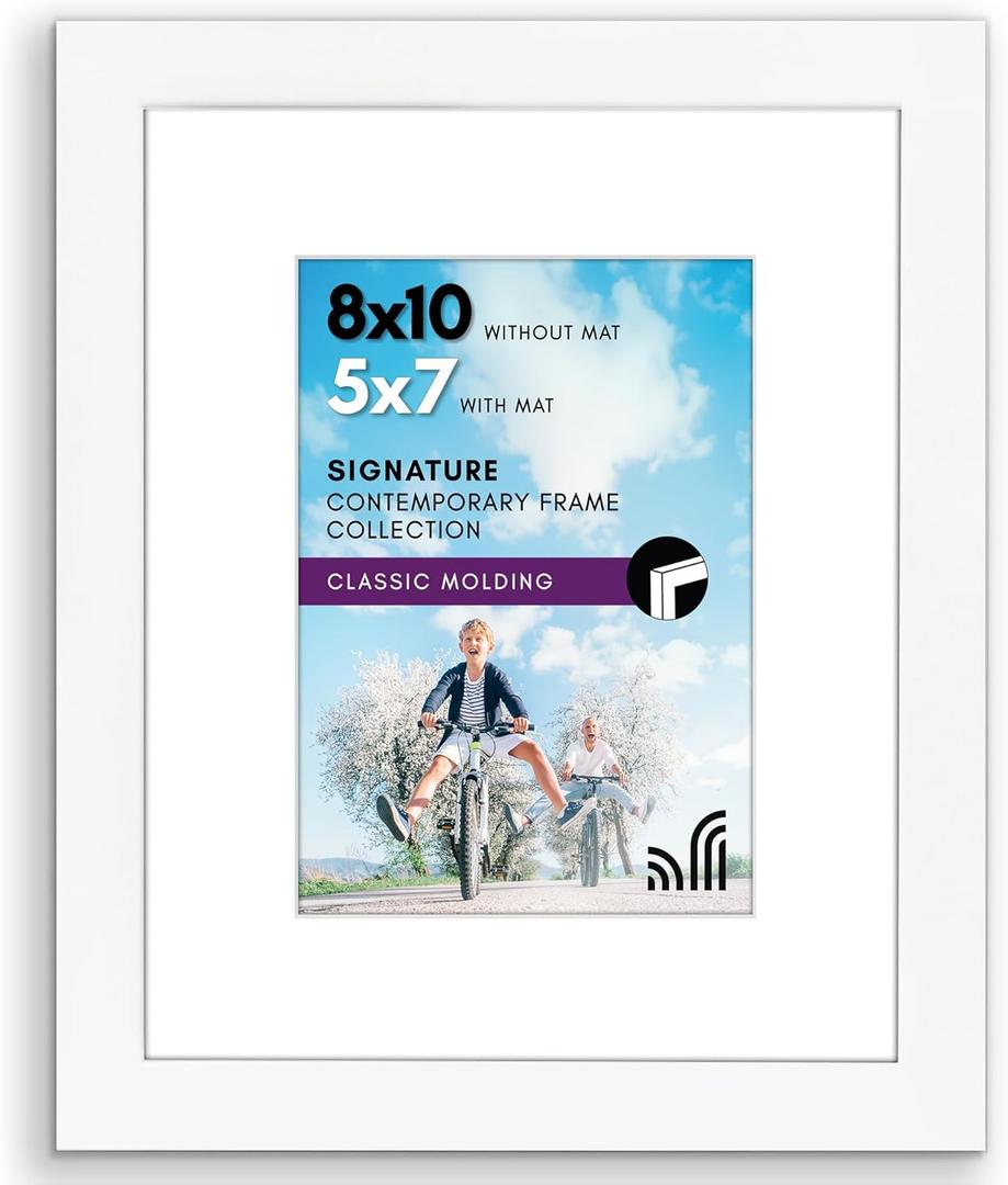 Americanflat 8x10 Picture Frame with Shatter-Resistant Glass - Use as 5x7 Frame with Mat or Display 8x10 Photo Without Mat - Signature Collection - Picture Frames for Tabletop and Wall Display - White