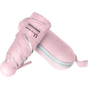 BAODINI Travel Essentials Mini Umbrella for Purse With Case Small Compact UV Sun Protection Lightweight Tiny Pocket Manual Open Close Umbrella for Women Kids and Men Fit Purse Backpack (C-1-Coral Pink & Silver)