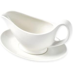 Gravy Boat with Saucer - 16oz Fine Porcelain Sauce & Salad Dressing Boat (White)