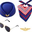 Mujahid 4-Piece Women's Stewardess Costume Accessories - Scarf + Hat + Sunglasses + Name Badge, Must-Have for Air Hostess Outfit, Dress Accessories for Cosplay Party Dress-Up Parties Carnival
