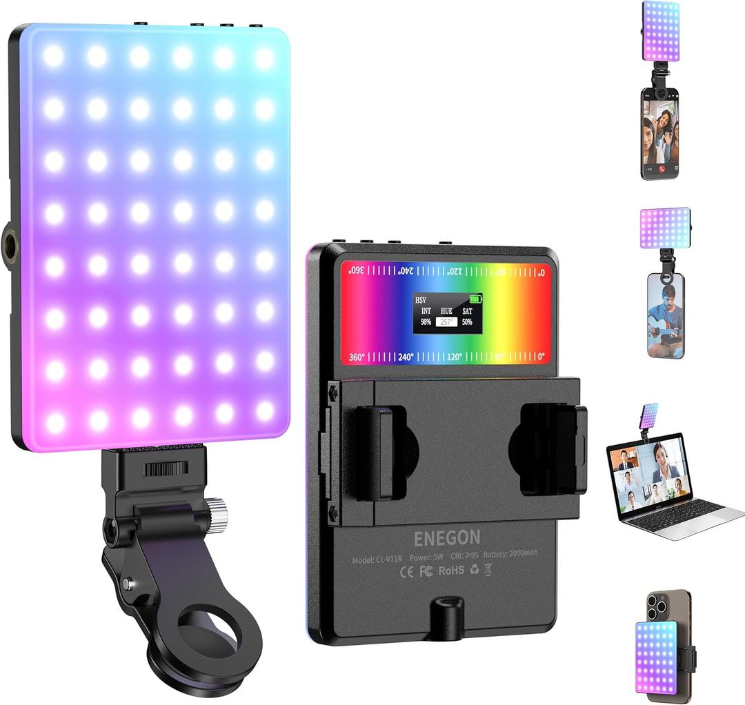 ENEGON RGB Selfie Light, 360 Full Color RGB Video Light with 24 Effects, 78 LED 2000mAh Rechargeable CRI 95+ and 2500K-9000K CCT, Portable Clip on Light for Phone/Tablet/Laptop/Streaming