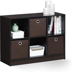 Furinno BASIC Book Shelf, 6-Cube Bookshelf with Open Shelf, 3 x 2 Bookcase with Storage Bins, Closed Back, Horizontal, 11.9 x 31.6 x 23.6, for Living Room, Bedroom, Home Office, Dark Walnut