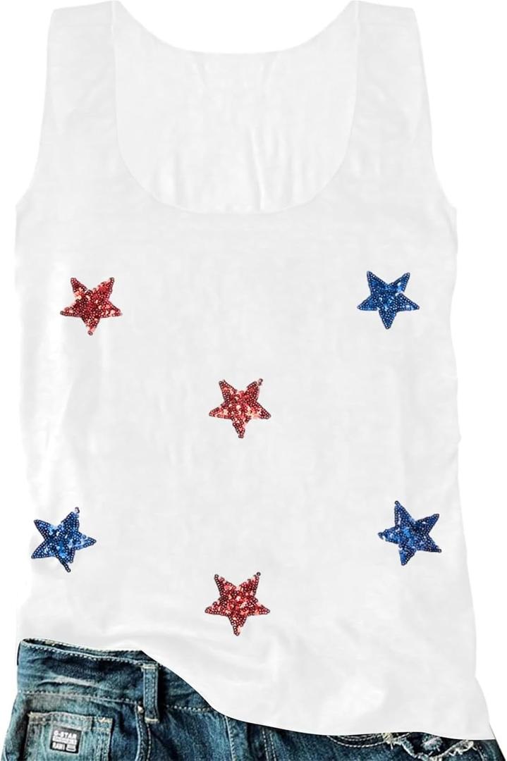 FAYALEQ American Flag Tank Top Women USA Star Sequin Sleeveless Tee Patriotic Shirt 4th of July Summer Vest Tops (X-Large)