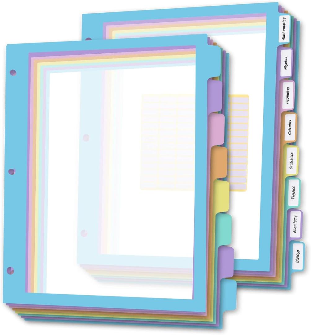 16Pcs/2 Set 8 Tab Dividers, Clear Plastic Binder Dividers with Tabs, for 3 Ring Binder, Letter Size, Multicolor