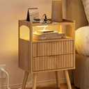 AEPOALUA Nightstand with Charging Station and LED Lights,Modern Bedside Table with 2Drawer and Open Shelf,Oak Night Stand with Solid Wood Legs,End Table for Living Room、Bedroom and Small Spaces