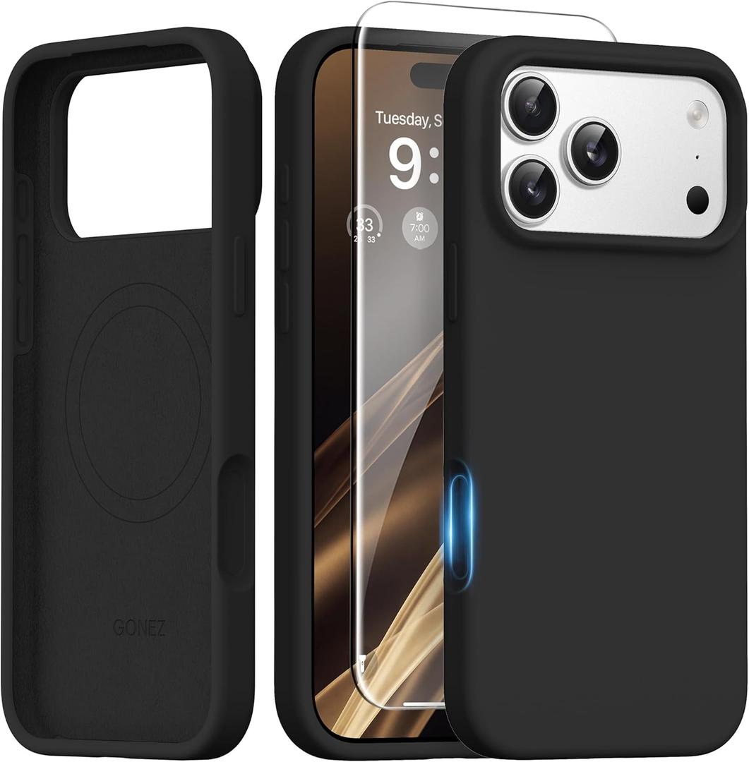 GONEZ Magnetic for iPhone 17 Pro Case, [Compatible with MagSafe] Anti-Scratch Microfiber Lining & Screen Protector, Silicone Camera Control, Shockproof Slim Phone Cover 6.3 inch, Black