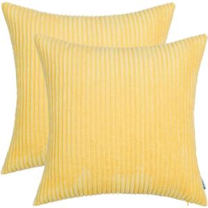 HWY 50 Pale Yellow Corduroy Throw Pillow Covers 20x20 Inch, Set of 2, Soft Cozy Decorative Cushion Cases for Couch Sofa Bed Living Room, Boho Striped Home Decor