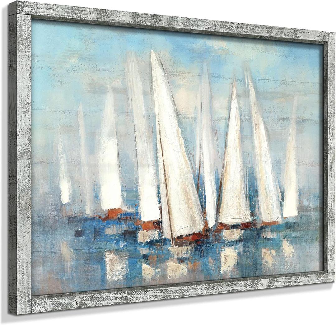 Coastal Framed Painting Wall Art: Abstract Ocean Artwork Seascape Picture Sailboat Prints on Wood in Modern Style for Bedroom 32"x24"
