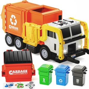 JOYIN Large Friction Powered Garbage Truck Toy Set, Includes Dumpster, Trash Bins, and Learning Cards for Kids, Orange