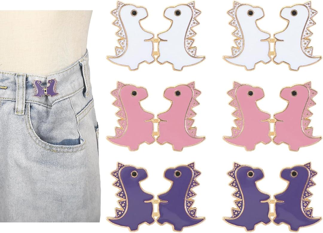 Whaline 6 Sets Instant Pant Waist Tightener Cute Dinosaur Waist Buckle Pin Adjustable Jean Button No Sewing Waists Cincher Clip for Women Men Clothing