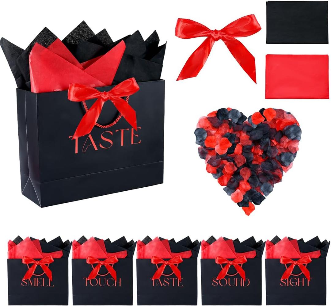 BHHQHH 5 Senses Gift Bags for Him Her Five Senses Gift Bags Sight Smell Touch Taste Sound Bags with Ribbon Handles Tissue Paper Petals for Party Birthday,Wedding,Valentine's Day(Red,Black)