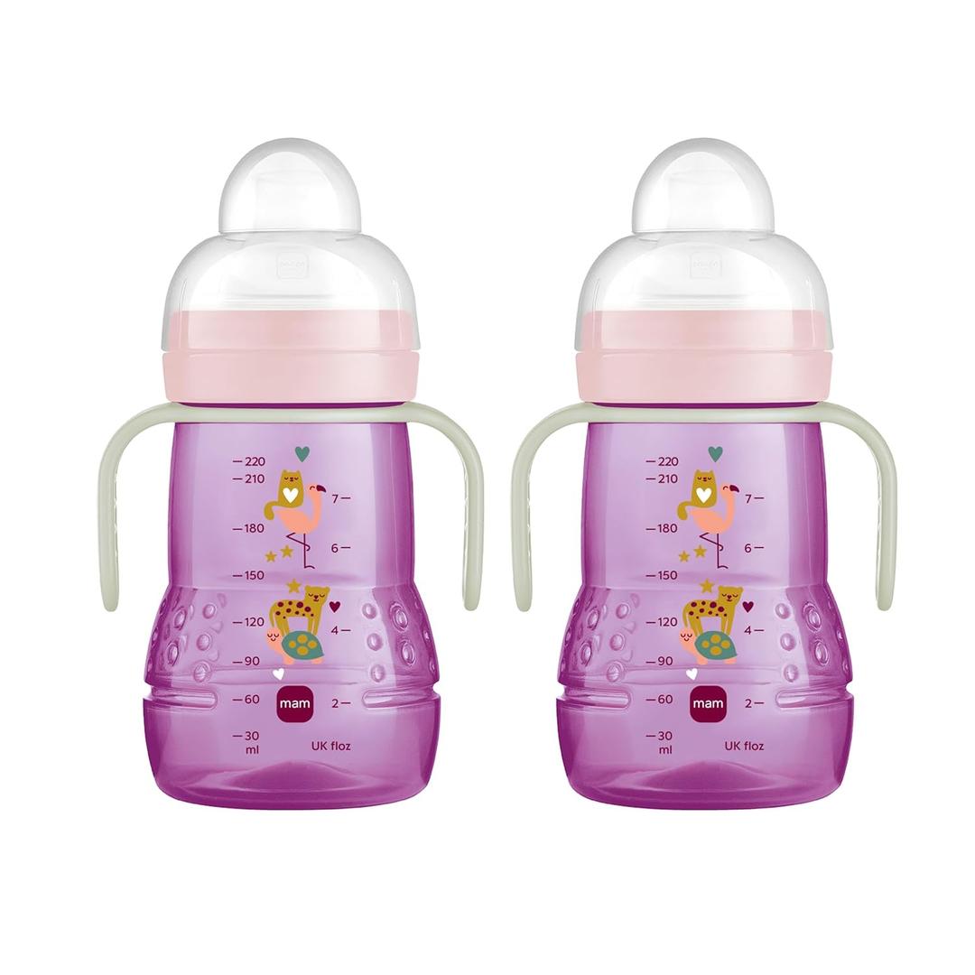 MAM Plastic Trainer Cup, Trainer Drinking Cup with Extra-Soft Spout, Spill-Free Nipple, and Non-Slip Handles, for Girls 4+ Months, Eight Ounces (2 Count (8 oz), Purple)